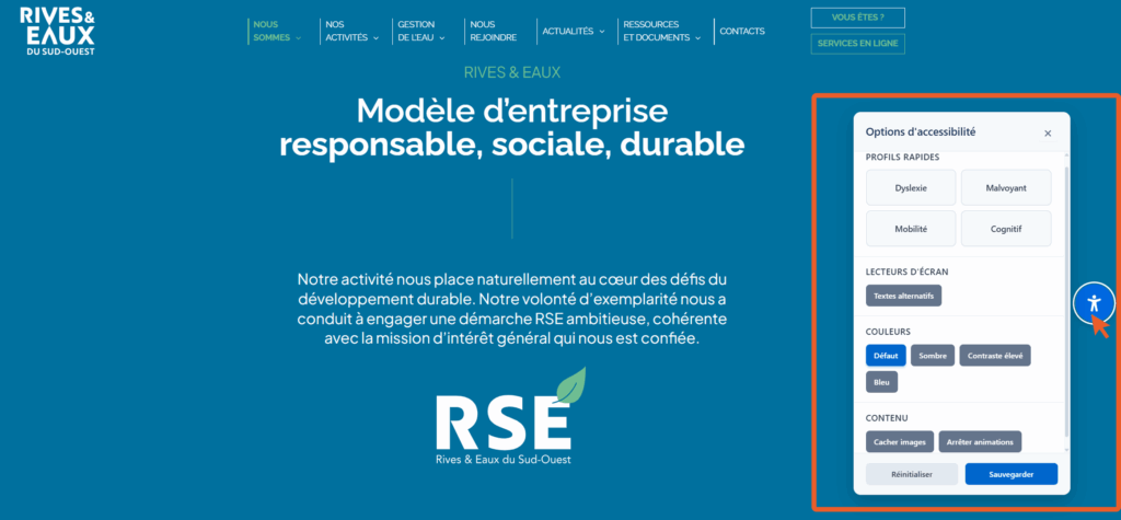 Capture d'écran qui montre le fonctionnement du module d'inclusion numérique avec les options d'accessibilité.